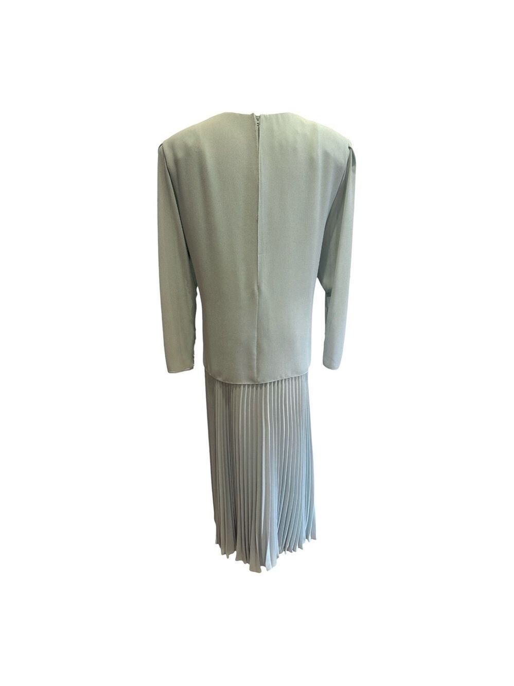 80s URSULA OF SWITZERLAND BLUE CHIFFON & SATIN DRESS W MICRO PLEAT SKIRT SZ 14W - Picture 6 of 7